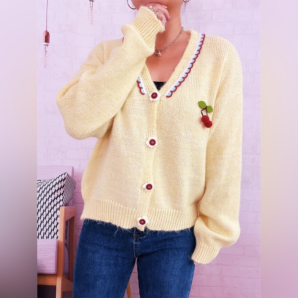Cherry Button-Front Long Sleeve Cardigan - Picture 9 of 10